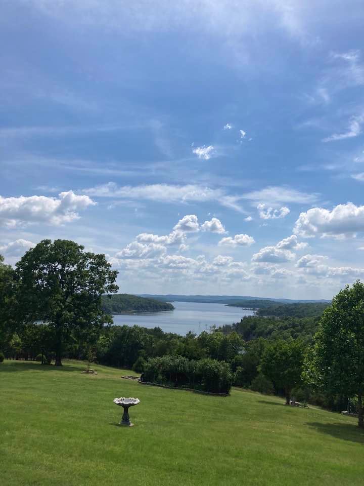 Birdbath on the lawn, and trees with the river flowing in the background and clouds in the sky