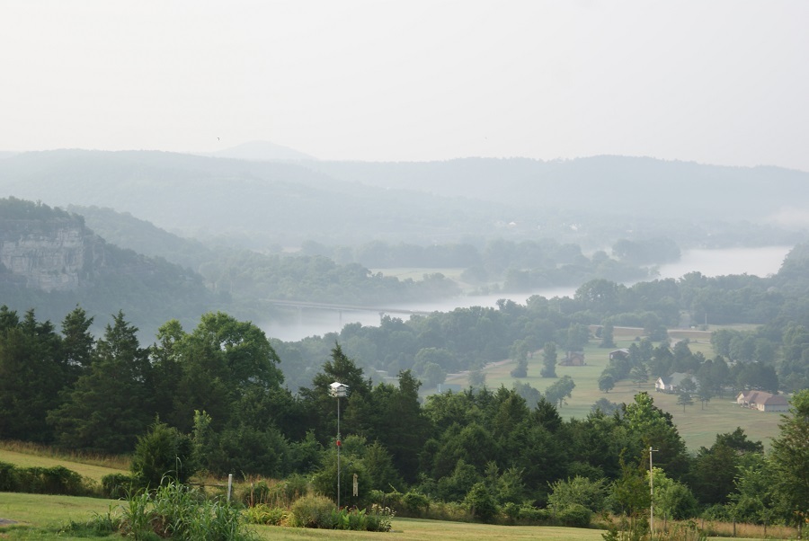View down the hillside of the foggy river